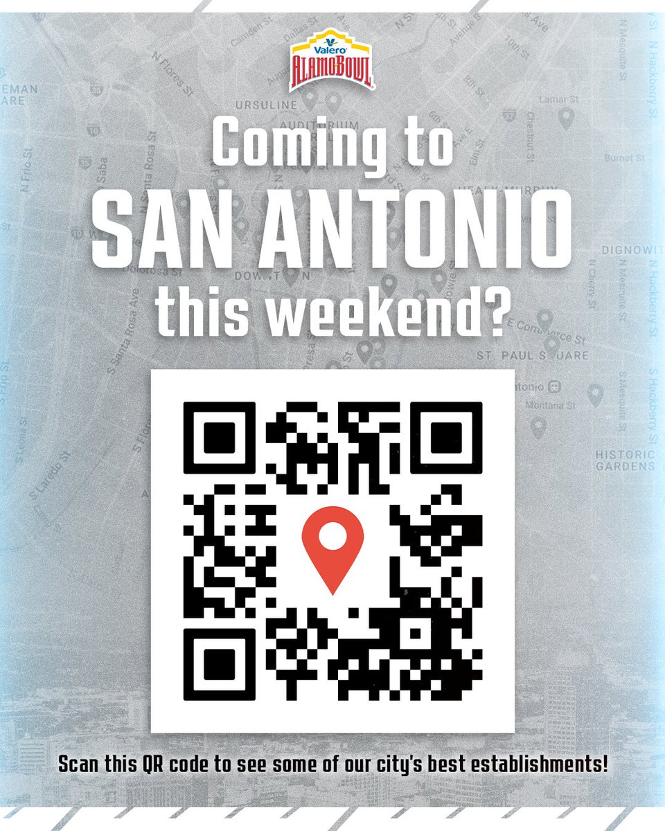 A Texas-sized welcome to everyone visiting San Antonio!

Use the QR code above to enjoy some of our favorite places to frequent 🌮

#ValeroAlamoBowl
