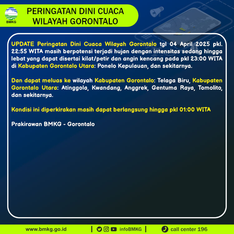 Update Peringatan Dini Cuaca Wilayah - Gorontalo Tgl. 04 April 2025 pkl. 23:00 WITA
Prakirawan - BMKG - Gorontalo 
nowcasting.bmkg.go.id/nowcast?kodwil…