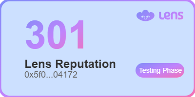 nata_cryptogirl's tweet photo. My @LensReputation_ score was updated, hoooray!
301 instead of 222, I'm happyπ₯³
@LC I'm waiting u in mainnet!
#LensReputation #SBT #socialfi https://t.co/v2jMri2NuL