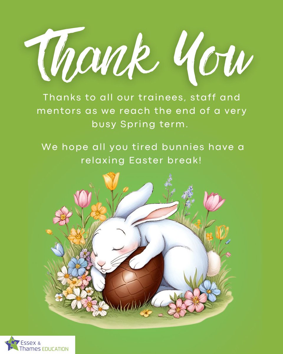 ETscitt's tweet photo. Thanks to all our trainees, staff and mentors as we reach the end of a very busy Spring term.

We hope all you tired bunnies have a relaxing Easter break!

See you all soon! 

#teachertraining #endofterm #easterbreak #springbreak https://t.co/tZ8Q9LueFw