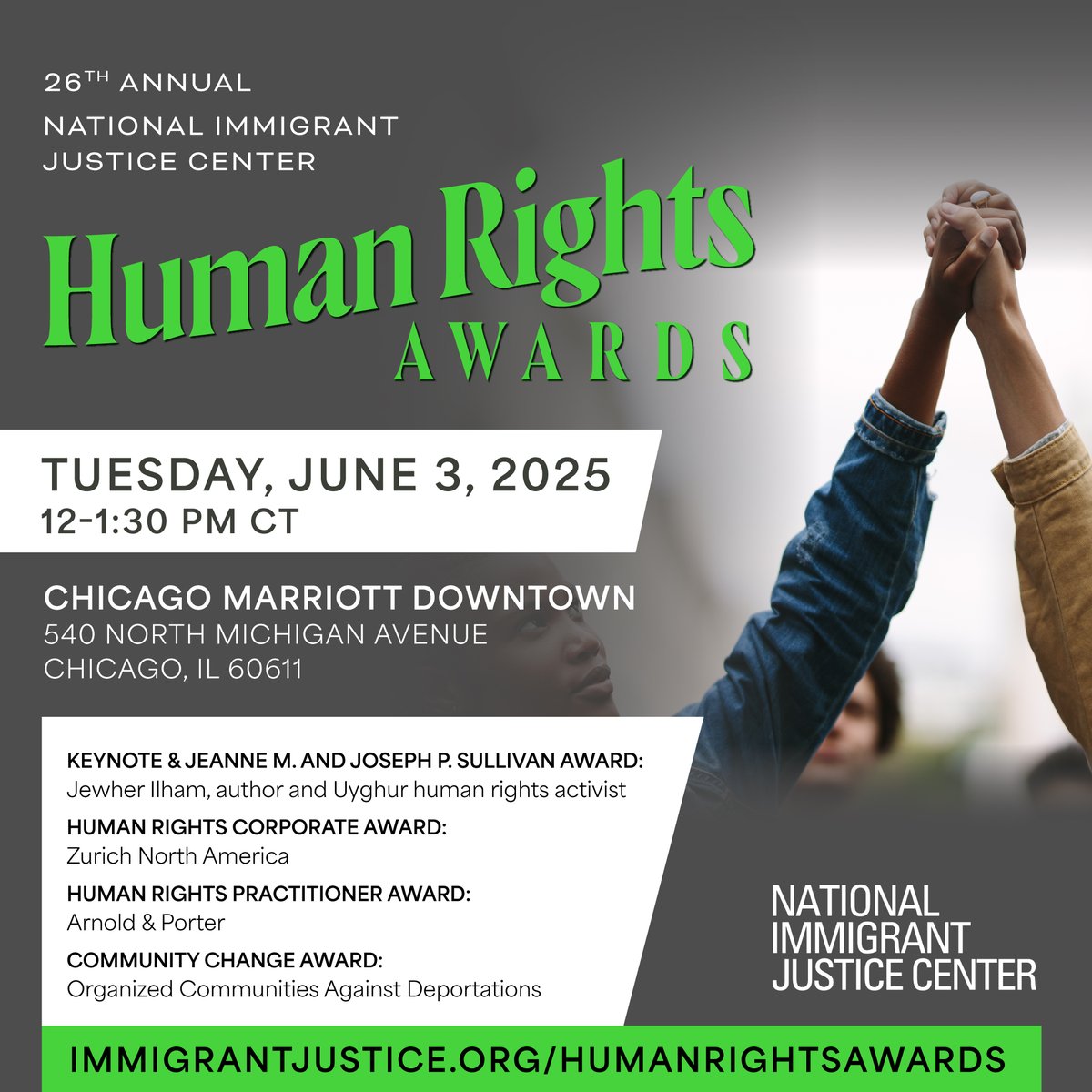 National Immigrant Justice Center (@nijc) on Twitter photo Tickets now available for the 26th Annual Human Rights Awards on June 3rd! 📅 Join us to celebrate human rights leaders like <a href="/JewherIlham/">Jewher.Ilham</a> & stand for a future where all people can thrive. This event will sell out- buy your tix now: immigrantjustice.org/HumanRightsAwa… Tickets now available for the 26th Annual Human Rights Awards on June 3rd! 📅 Join us to celebrate human rights leaders like <a href="/JewherIlham/">Jewher.Ilham</a> & stand for a future where all people can thrive. This event will sell out- buy your tix now: immigrantjustice.org/HumanRightsAwa…