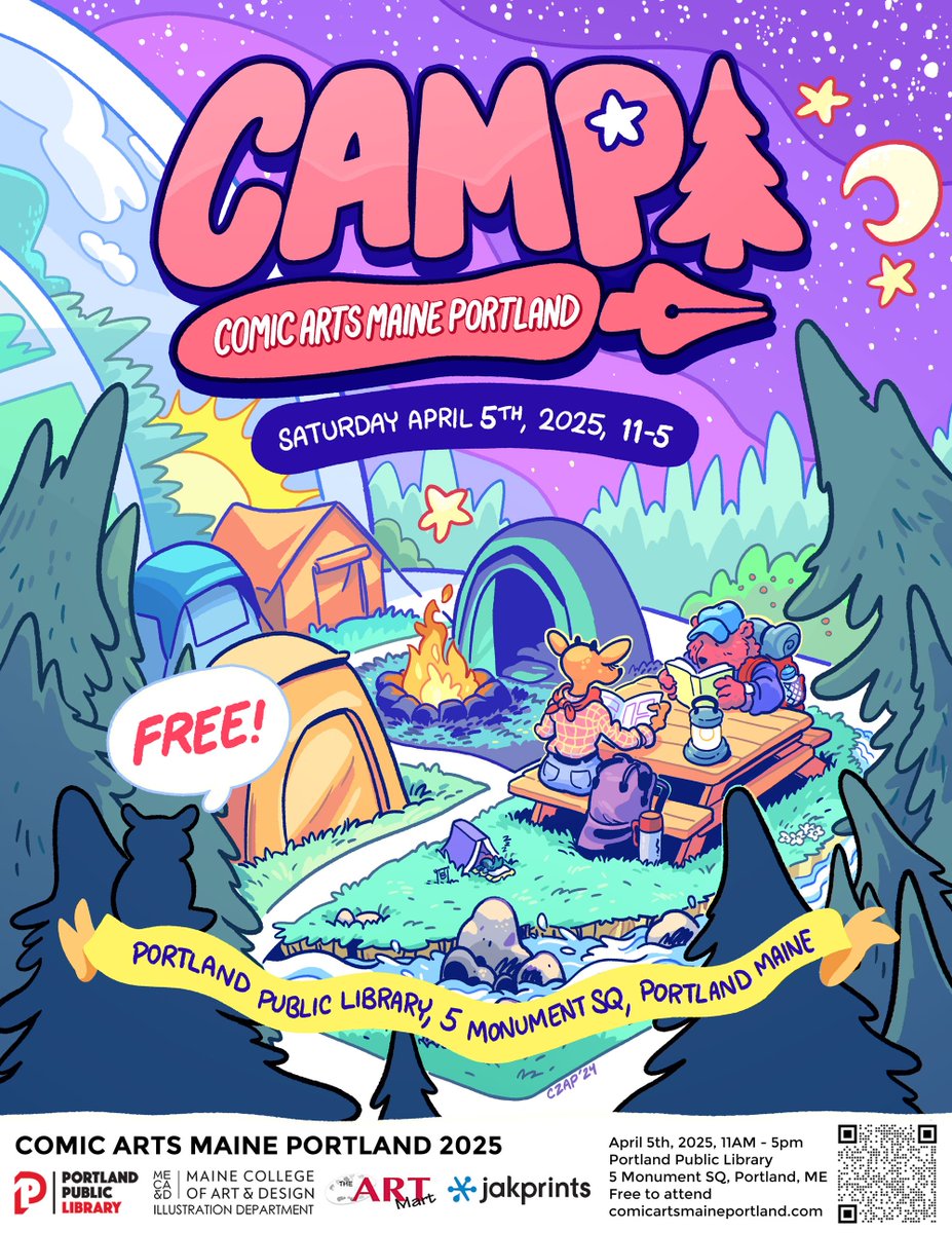 At CAMP we'll celebrate all things comics!

 There will be exhibitors selling comics, graphic novels, and zines, and hands-on comic arts workshops, panels featuring comics professionals, and more!  🔥

🏕️portlandme.librarycalendar.com/event/camp-com…