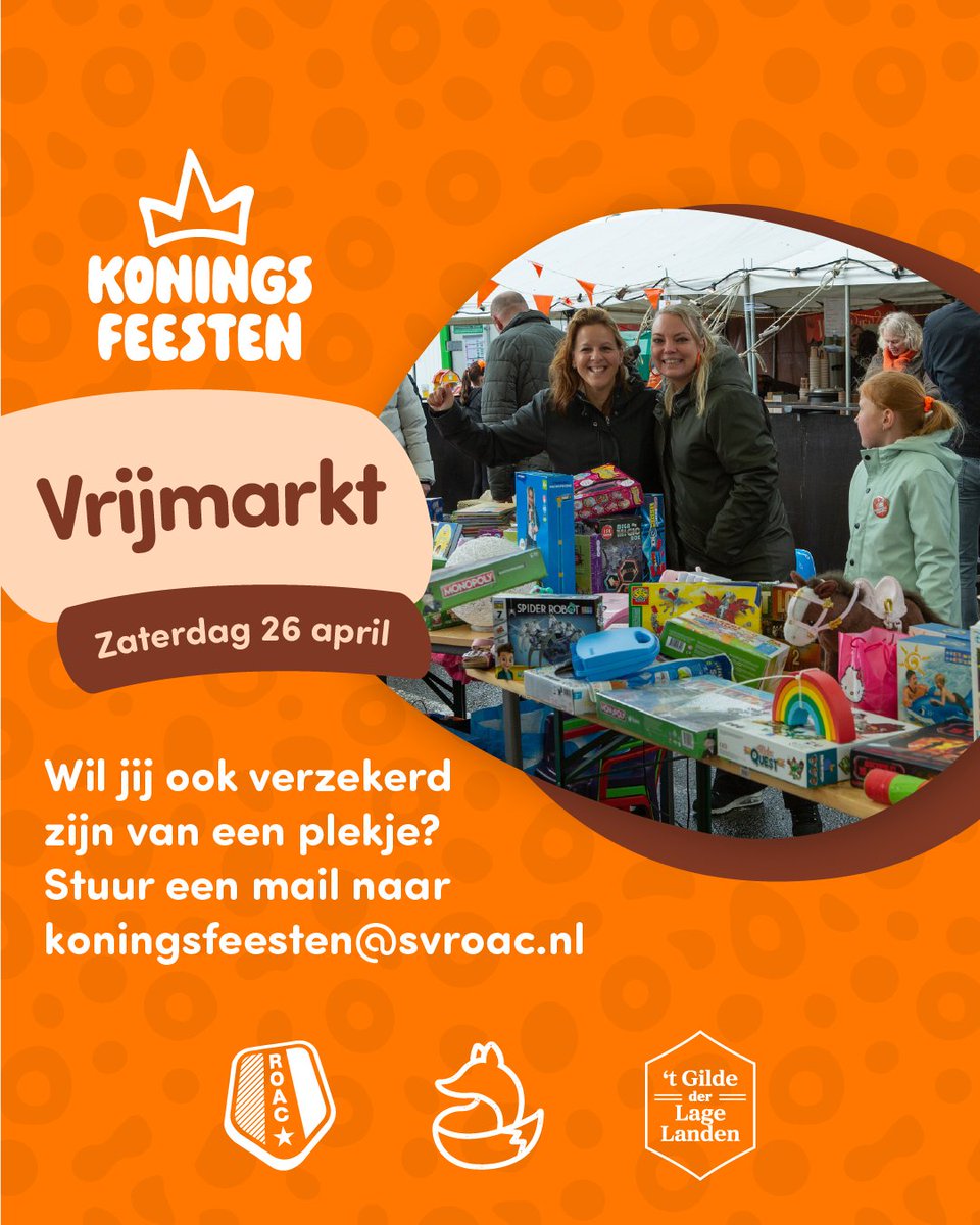 ⚽️ Het Voetgolfspektakel zit helemaal vol! 🙌

Maar… er is nog plek bij de Koningsdag Spelshow en op de vrijmarkt! 🧠🎉🧺

📩 Mail voor beide onderdelen naar koningsfeesten@svroac.nl – dan regelen wij de rest! 🧡
