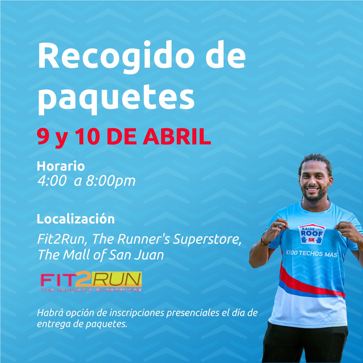 TechosPaMiGente's tweet photo. Las fechas de entrega de paquete están aquí y son el 9 y 10 de abril, de 4:00 p.m. a 8:00 p.m. 
en Fit 2 Run en The Mall of San Juan. 😎

Lleva tu código QR de reservación para recoger tu camisa.

¡Inscríbete hoy 👉 https://t.co/2bfjqHVLXu

¡Nos vemos en la salida! 🎯 https://t.co/kfXQuwclEa