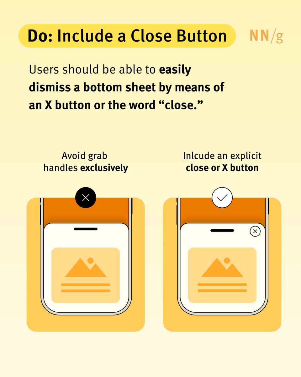 NNgroup's tweet image. A bottom sheet slides up to offer extra info—no new page needed. But when misused? It’s pure UX chaos. 😵💫 Learn how to avoid the most common design pitfalls: bit.ly/3QWzcRh #UXTips #InteractionDesign #MobileUX