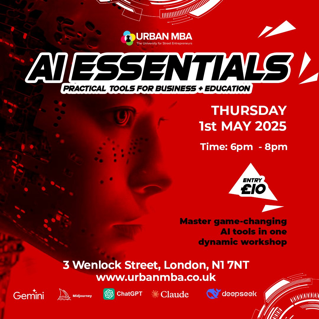 🔥 AI Essentials workshop returns on May 1st! Hands-on learning with 2025's breakthrough AI tools for entrepreneurs &amp; educators. £10 for practical knowledge you can use immediately. No tech skills needed! 

Register: eventbrite.co.uk/e/ai-essential… 
#AIforSmallBusiness #UrbanMBA
