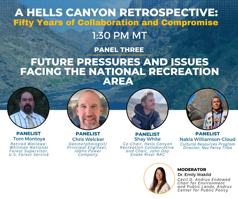 AndrusCenter's tweet photo. We're thrilled to unveil the speakers and moderators for:
"A Hells Canyon Retrospective: Fifty Years of Collaboration and Compromise" Conference, hosted by the Andrus Center and the McClure Center on April 16, 2025 at Boise State University. https://t.co/jtS9LHI71z https://t.co/AVT9HNpZgM