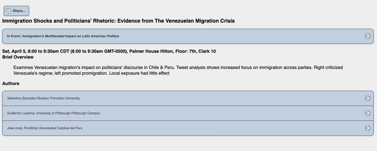 #MPSA Join us tomorrow at 8:00 AM (😅) as we present our research (with Valentina González y <a href="/guillelezama/">Guillermo Lezama</a>) on Venezuelan migration's influence on political discourse in Peru and Chile. Early panel, substantive discussion. Coffee recommended.