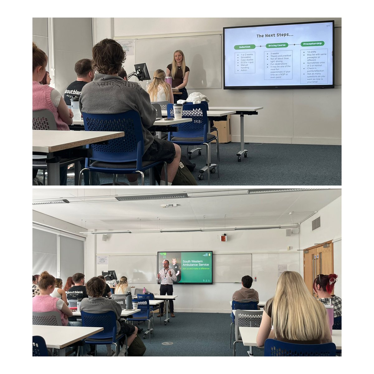 This week we met the University of Gloucestershire year 3 students to talk about recruitment opportunities within SWASFT and the Newly Qualified Paramedic (NQP) process. It was great for the students to meet NQP Jess who was able to talk about lived experiences since qualifying.