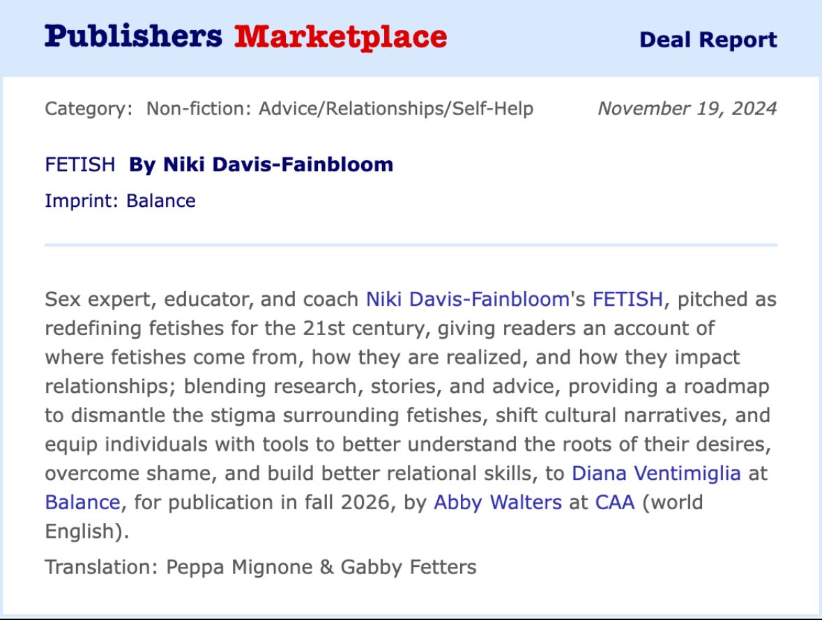 nikidavisf's tweet photo. After years of research, interviews, and working with clients diving into the beautiful complexities of human desire, I’m thrilled to announce… I’m writing a BOOK about fetishes for @HachetteBooks  📖✨ https://t.co/uscIL49g3W