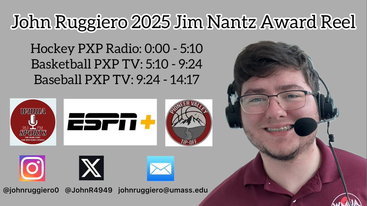 John Ruggiero (@johnr4949) on Twitter photo Excited to share my @STAATalent 2025 Jim Nantz Reel as a junior at UMass!
Blessed to be a student broadcaster at UMass. Between @WMUASports, <a href="/PVTipOff/">Pioneer Valley Tipoff Presented by Oak View Group</a> and <a href="/UMassSportsNet/">UMass Sports Network</a> I could not be more thankful for all of the opportunities I am given!
youtu.be/8ltXwLN-DKs?fe… Excited to share my @STAATalent 2025 Jim Nantz Reel as a junior at UMass!
Blessed to be a student broadcaster at UMass. Between @WMUASports, <a href="/PVTipOff/">Pioneer Valley Tipoff Presented by Oak View Group</a> and <a href="/UMassSportsNet/">UMass Sports Network</a> I could not be more thankful for all of the opportunities I am given!
youtu.be/8ltXwLN-DKs?fe…