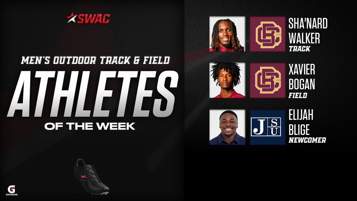 SWAC Men’s Outdoor Track &amp; Field Players of the Week: Apr. 4

<a href="/gatorade/">Gatorade</a>

🐱 Shanard Walker, Track
🐱 Xavier Bogan, Field
 🐅 Elijah Blige, Newcomer

#SWACOTF | #BuildingChampionsForLife