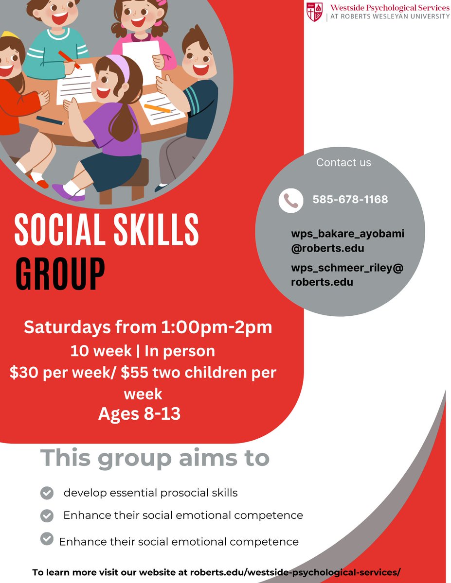 WPSatRWU's tweet photo. 📢 Boost Your Child's Social Skills! 📢

Looking for a fun and engaging way for your child to develop essential social skills?

Join our Social Skills Group!

📞 Contact us to learn more: 585-594-6624
📧 Email: wps@roberts.edu
🌐 Register at: https://t.co/154Dv6gW88

#wpsatrwu https://t.co/mvrDJ2CiTZ
