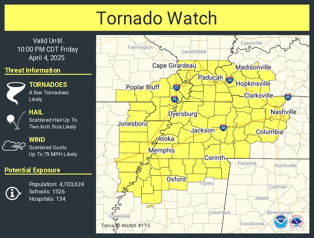 NWSPaducah's tweet photo. A tornado watch has been issued for parts of Arkansas, Illinois, Kentucky, Mississippi, Missouri and Tennessee until 10 PM CDT https://t.co/j7l7q6j2IL