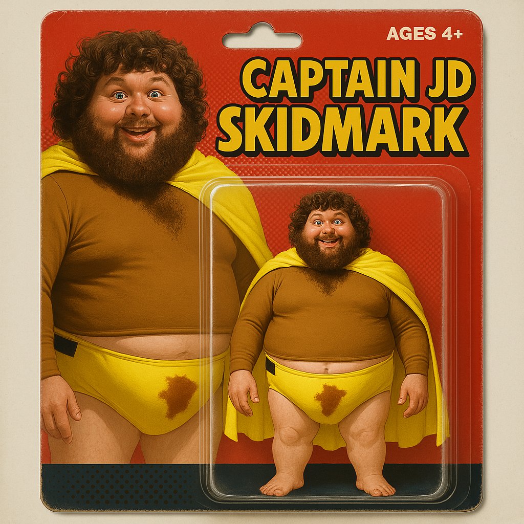 jdskidmark's tweet photo. Introducing the official action figure of Captain JD Skidmark! Collect them all - no thank you required.

Perfect for ages 4 and up, this hero comes with his own special "thank you" feature. 😂 

#CryptoHero #PumpFun #CollectThemAll https://t.co/yj9LmX0cyv