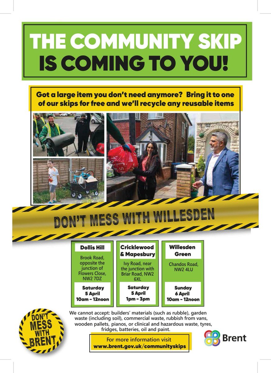 The community skip is coming to Willesden Green this weekend! 

📆 Sunday 6th April
🕣 10am - 12pm
📍Chandos Road 

Do take advantage of this local and free service.