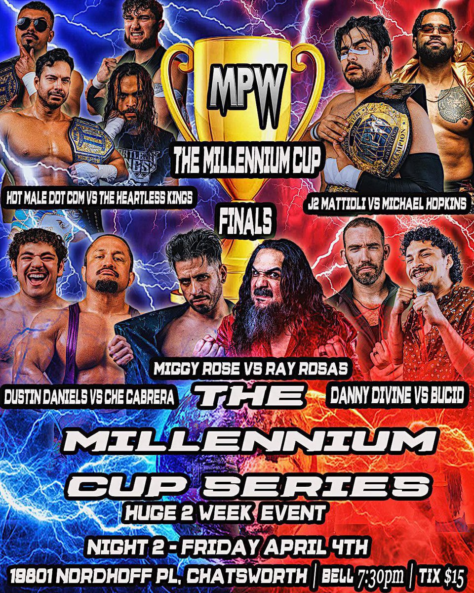 Lam Son ๐ฉ๐ช๐ป๐ณ (@lsv1995) on Twitter photo TODAY | <a href="/MPW_CA/">Millennium Pro Wrestling</a> Millennium Cup Series Day 2 (2025)
โข MPW Title: J2 Mattioli ๐๏ธ <a href="/TheHopsSays/">(Hops) Michael Hopkins</a>
โข Tag Titles: Hot Male Dot Com ๐๏ธ Heartless Kings
โข <a href="/DustinDaniels_/">JACKED DANIELS</a> ๐๏ธ <a href="/checabrera_/">Latino Meat</a>
โข <a href="/akaMiggyRose/">Miggy Rose ๐๐ฅ</a> ๐๏ธ <a href="/RayRosas/">Ray Rosas</a>
โข Danny Divine ๐๏ธ Bucio
#MPW_CA TODAY | <a href="/MPW_CA/">Millennium Pro Wrestling</a> Millennium Cup Series Day 2 (2025)
โข MPW Title: J2 Mattioli ๐๏ธ <a href="/TheHopsSays/">(Hops) Michael Hopkins</a>
โข Tag Titles: Hot Male Dot Com ๐๏ธ Heartless Kings
โข <a href="/DustinDaniels_/">JACKED DANIELS</a> ๐๏ธ <a href="/checabrera_/">Latino Meat</a>
โข <a href="/akaMiggyRose/">Miggy Rose ๐๐ฅ</a> ๐๏ธ <a href="/RayRosas/">Ray Rosas</a>
โข Danny Divine ๐๏ธ Bucio
#MPW_CA