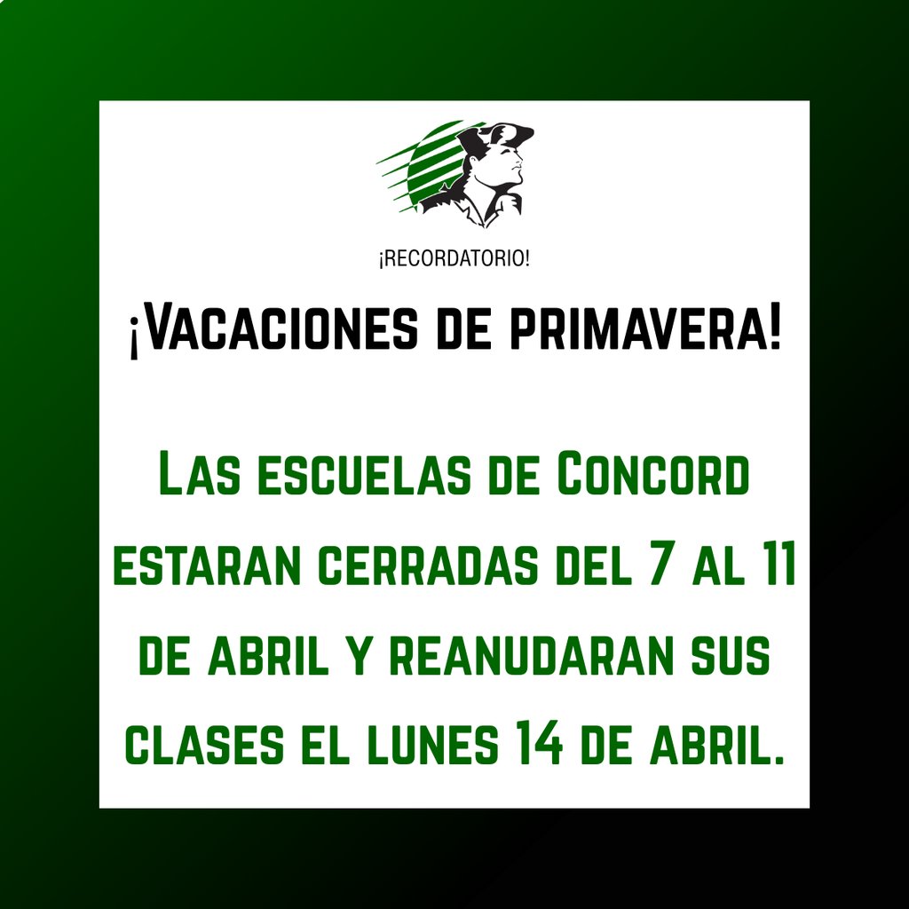 Concord_WS's tweet image. Reminder Concord Families:
Spring Break has officially begun!  Concord Community Schools will be close April 7th-11th and will resume Monday, April 14th. Have a safe Spring Break!
#WeAreConcord #ConcordPride