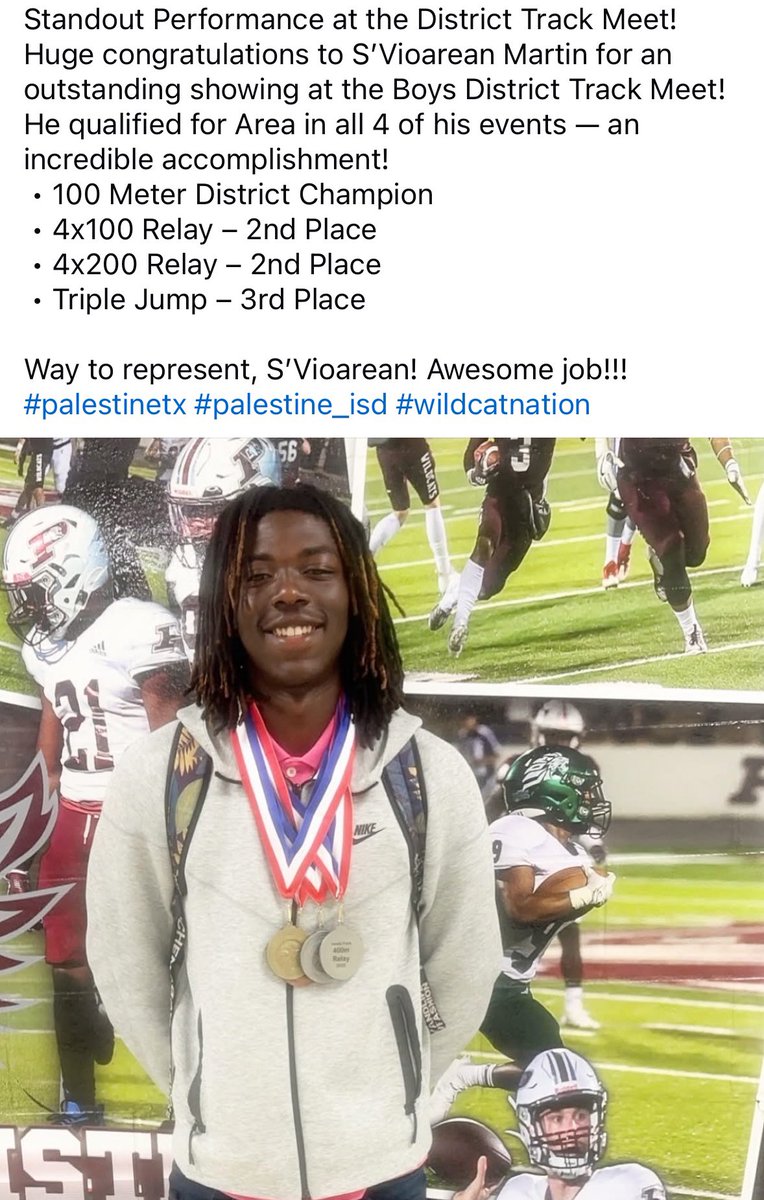 S’Vioarean Martin 3⭐️ (@svioareanmartin) on Twitter photo #AGTG Blessed to win Standout Performance of the district track meet !Moving to Area in all 4 of my events , pushing to improve every week !! 🙏🏾
#FULLTHROTTLE
<a href="/BrandonHargers/">Brandon Hargers</a> <a href="/CoachJamesReyes/">Coach James Reyes</a> <a href="/247Sports/">247Sports</a> <a href="/On3sports/">On3</a> <a href="/Rivals/">Rivals</a> <a href="/Palestine_FB/">Palestine Football</a> <a href="/dctf/">Dave Campbell's — TexasFootball.com</a> #AGTG Blessed to win Standout Performance of the district track meet !Moving to Area in all 4 of my events , pushing to improve every week !! 🙏🏾
#FULLTHROTTLE
<a href="/BrandonHargers/">Brandon Hargers</a> <a href="/CoachJamesReyes/">Coach James Reyes</a> <a href="/247Sports/">247Sports</a> <a href="/On3sports/">On3</a> <a href="/Rivals/">Rivals</a> <a href="/Palestine_FB/">Palestine Football</a> <a href="/dctf/">Dave Campbell's — TexasFootball.com</a>