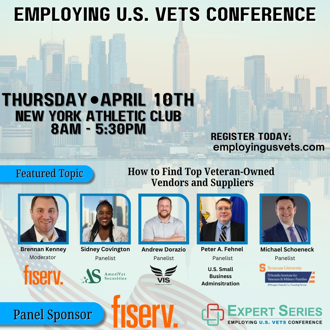 VETS Indexes (@vetsindexes) on Twitter photo Another panel for 4/10 Employing US Vets Conference, "How to Find Top Veteran-Owned Vendors and Suppliers". Speakers from @fiserv, @AmeriVetSecs, Veteran Industrial Suppliers, @sbagov, @ivmfsyracuseu. Panel sponsor @fiserv.  
Register: employingusvets.com
#employingUSVets Another panel for 4/10 Employing US Vets Conference, "How to Find Top Veteran-Owned Vendors and Suppliers". Speakers from @fiserv, @AmeriVetSecs, Veteran Industrial Suppliers, @sbagov, @ivmfsyracuseu. Panel sponsor @fiserv.  
Register: employingusvets.com
#employingUSVets