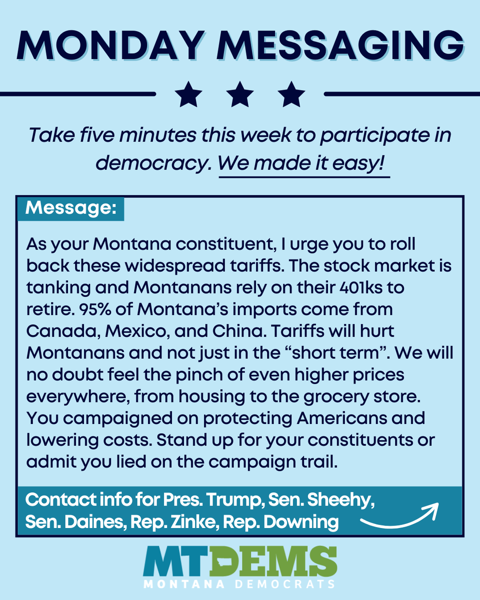 MTDems's tweet image. Overwhelmed by the news? Every Monday, we’re breaking down one key issue in Montana or Washington into a simple message to send your elected officials. This week: NO to tariffs and NO to rising prices.
