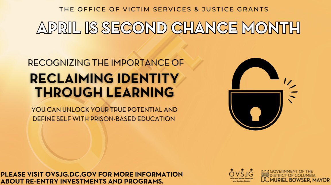 DC OVSJG (@ovsjg_dc) on Twitter photo Today and everyday, OVSJG observes Second Chance Month to raise awareness about the challenges faced and triumphs of DC returning citizens and to highlight District investments of <a href="/MayorBowser/">Mayor Muriel Bowser</a> into reentry programs and opportunities we are proud to fund. Today and everyday, OVSJG observes Second Chance Month to raise awareness about the challenges faced and triumphs of DC returning citizens and to highlight District investments of <a href="/MayorBowser/">Mayor Muriel Bowser</a> into reentry programs and opportunities we are proud to fund.