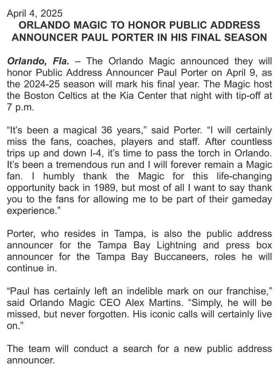 therealBeede's tweet photo. INBOX: The #Magic announced they will honor public address announcer Paul Porter on April 9, as the 2024-25 season will mark his final year.

The team will conduct a search for a new public address announcer. https://t.co/kE7TC0geq1