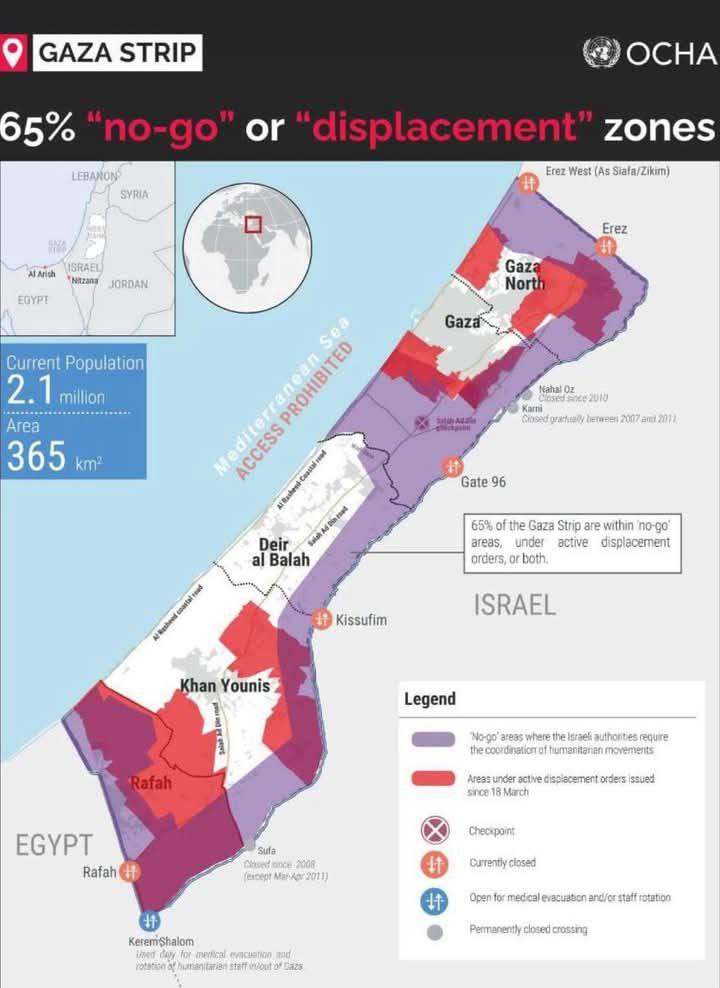 #صورة 65%من قطاع غزة يعتبر مناطق “ممنوعة” أو تحت أوامر إخلاء..حسب ما تظهره خريطة قطاع غزة الصادرة عن مكتب الأمم المتحدة لتنسيق الشؤون الإنسانية (OCHA).

📍65% of Gaza strip "No go" or "displacement" zones