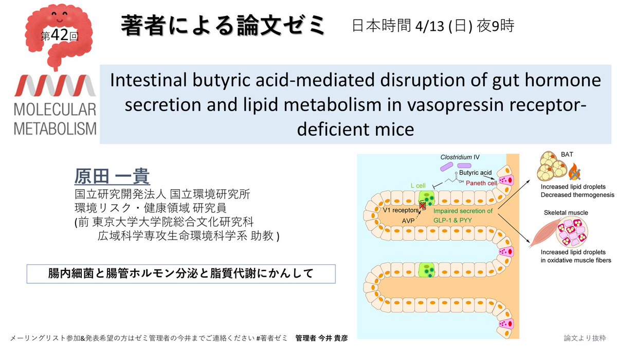 AuthorsGreat's tweet image. 【第42回 #著者ゼミ 開催告知】日本時間4/13 夜9時

こんにちは！2025年の第1回です！
今回は、国立環境研究所の原田一貴さんに、『腸内環境とホルモン分泌と脂質代謝』に関する論文を発表していただきます！(Mol Metab)

久々ですが、皆さんよろしくお願いします！
forms.gle/67PEZdWmNgMpef…