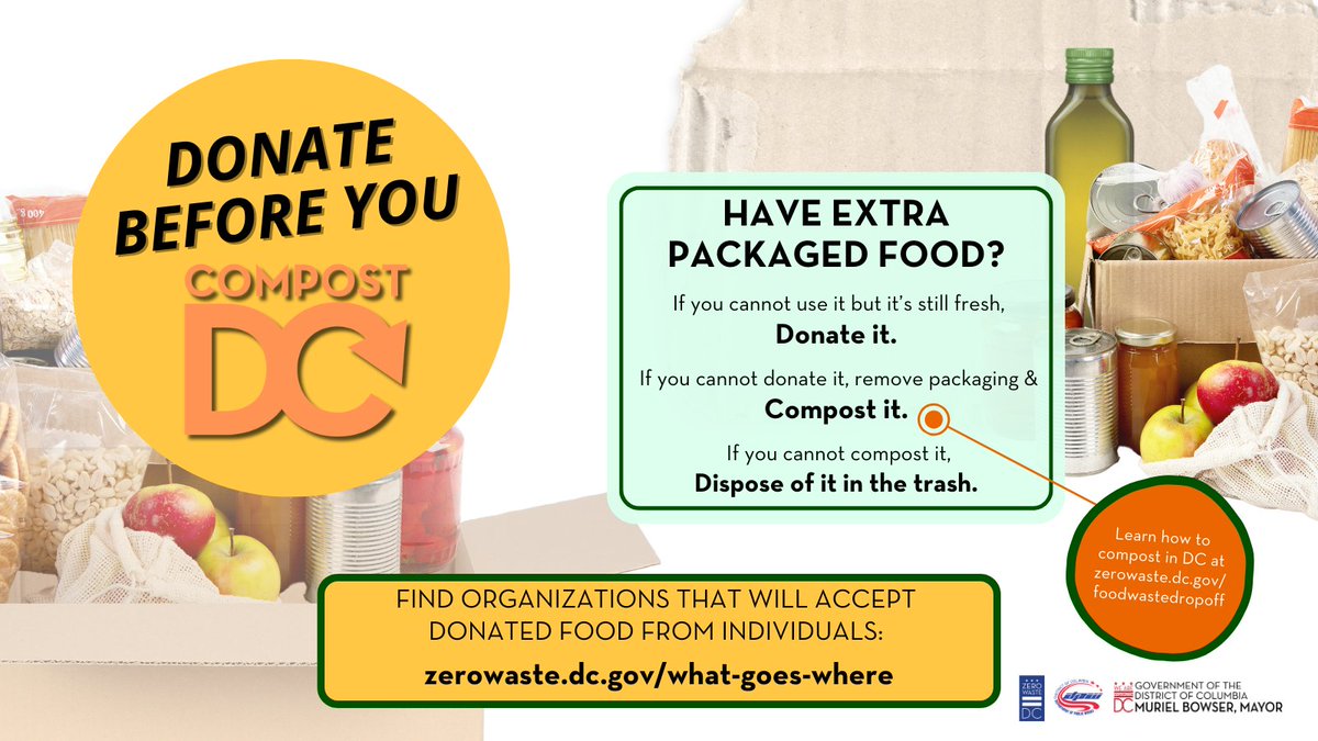 Next week is Food Waste Prevention Week. If you have extra packaged food that is still fresh, uneaten, &amp; healthy, #donate it rather than compost it. If you cannot donate it, #compost it by removing ALL food packaging first. 

Search for "Edible Food" at zerowaste.dc.gov/what-goes-where.