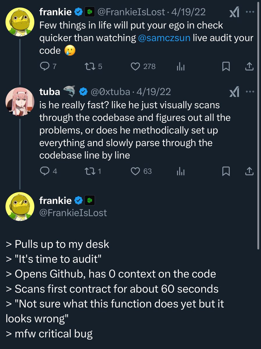 FrankieIsLost's tweet image. Sam really is one of a kind, as anyone who’s had the humbling experience of having him audit their code will tell you. Truly a legendary run.