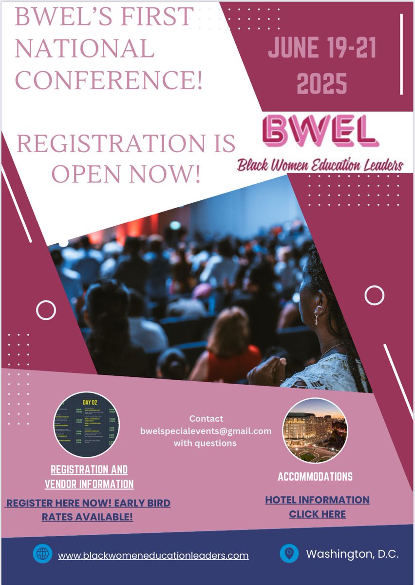 🚨 BWEL’s First National Conference – Registration is OPEN! 🚨

Join us for the Black Women Education Leaders First National Conference happening June 19-21, 2025, in Washington, D.C.!

🔹 Early Bird Rates Available – Register Now!
🔹 Vendor &amp; Sponsorship Opportunities
🔹 Dynamic