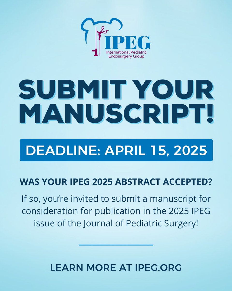 Hey IPEG! If your abstract was accepted for #IPEG2025, you're invited to submit your manuscript for consideration for publication in the 2025 IPEG issue of the Journal of Pediatric Surgery! <a href="/jpedsurg/">jpedsurg</a>

Submission deadline is April 15, 2025. Learn more: square.umin.ac.jp/ipeg2025/abstr…