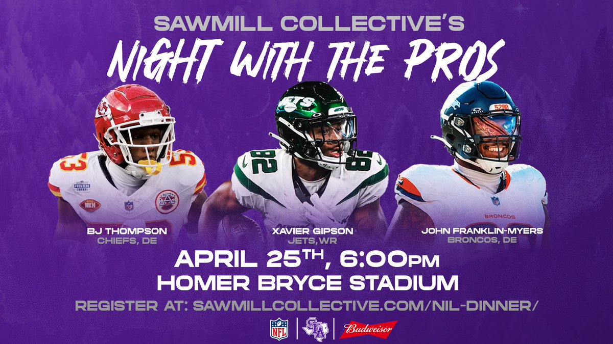 Colby Carthel (@coachcarthel) on Twitter photo Mark your calendars now for the inaugural “NIGHT WITH THE PROS” dinner event put on by <a href="/SawmillFootball/">Sawmill Football Collective</a>! On April 25th every <a href="/SFA_Football/">Lumberjack Football</a> player currently playing in the <a href="/NFL/">NFL</a> will be present at Homer Bryce Stadium…👀 #AxeEm🪓
Get your tickets now at: Sawmillcollective.com/NIL-Dinner/ Mark your calendars now for the inaugural “NIGHT WITH THE PROS” dinner event put on by <a href="/SawmillFootball/">Sawmill Football Collective</a>! On April 25th every <a href="/SFA_Football/">Lumberjack Football</a> player currently playing in the <a href="/NFL/">NFL</a> will be present at Homer Bryce Stadium…👀 #AxeEm🪓
Get your tickets now at: Sawmillcollective.com/NIL-Dinner/