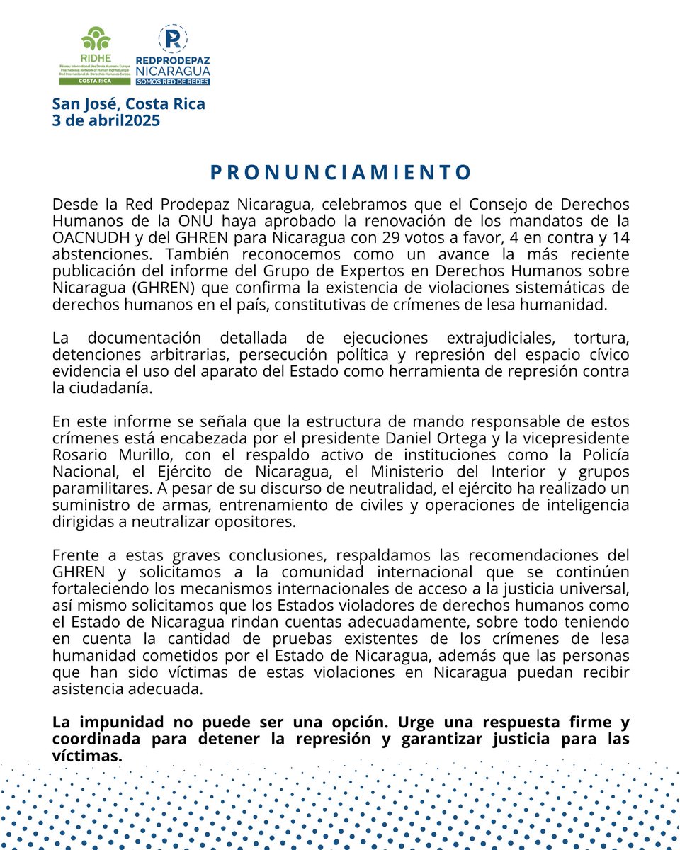 🔔ℹ️La RedProdepaz Nicaragua celebra la renovación del mandato del Grupo de expertos en derechos humanos sobre Nicaragua (GHREN)
