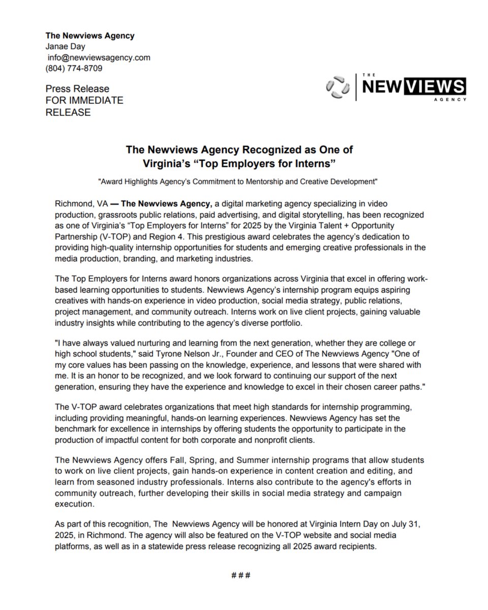 NewviewsAgency's tweet photo. 🏆 BIG NEWS! The Newviews Agency was named one of Virginia's top employers for interns! We're passionate about nurturing creative talent and providing meaningful growth opportunities. 

SO Proud of our team for creating an environment where interns can thrive. https://t.co/G0gCVzhwJb