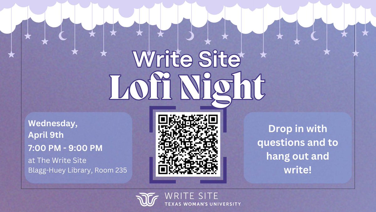 TWU Graduate School (@gradschooltwu) on Twitter photo The Write Site is hosting Lofi Night April 9th, 7pm to 9pm. In Blagg Huey Library, Room 235 for snacks, lofi music, and writing consultants available to answer your questions. Bring a friend! Questions? Email us at owl@twu.edu. The Write Site is hosting Lofi Night April 9th, 7pm to 9pm. In Blagg Huey Library, Room 235 for snacks, lofi music, and writing consultants available to answer your questions. Bring a friend! Questions? Email us at owl@twu.edu.