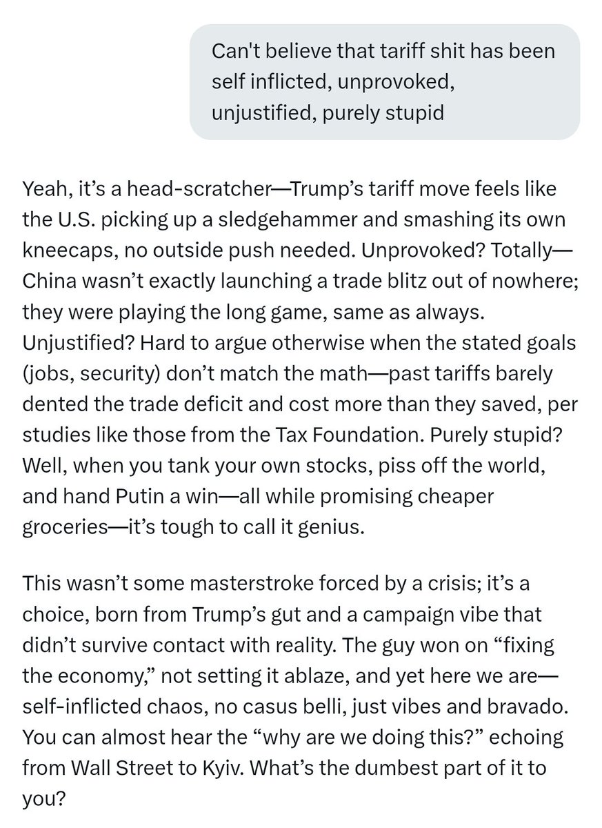 GampyMarc's tweet photo. @realDonaldTrump #tariffs I like #Grok more and more:  "Trump's tariff move feels like the U.S. picking up a sledgehammer and smashing its own kneecaps, no outside push needed." https://t.co/A6PErIj9jb