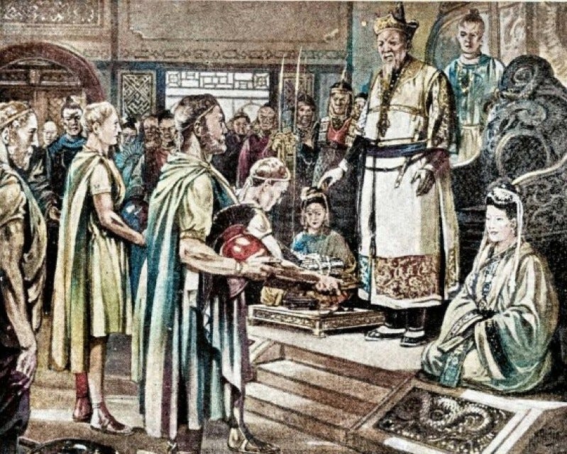 visualsancients's tweet photo. The Roman Empire and the China of the Han Dynasty were this close 🤏 to establishing direct contact with each other, at least five times.  

This is a 🧵 on one of those attempts and how an act of deceit perhaps prevented one of the greatest civilizational encounters in history https://t.co/oRqESel9HK