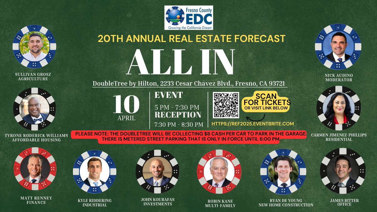 🎲 DON’T MISS OUT 🎲
Join us for the 20th Annual Real Estate Forecast as we go All In! 🏡♥️♠️ 

📆 Thursday, April 10, 2025
⏰Doors Open: 5:00 PM – 8:30 PM
📍 DoubleTree by Hilton, Fresno, CA
🎟 Reserve your tickets now: REF2025.eventbrite.com