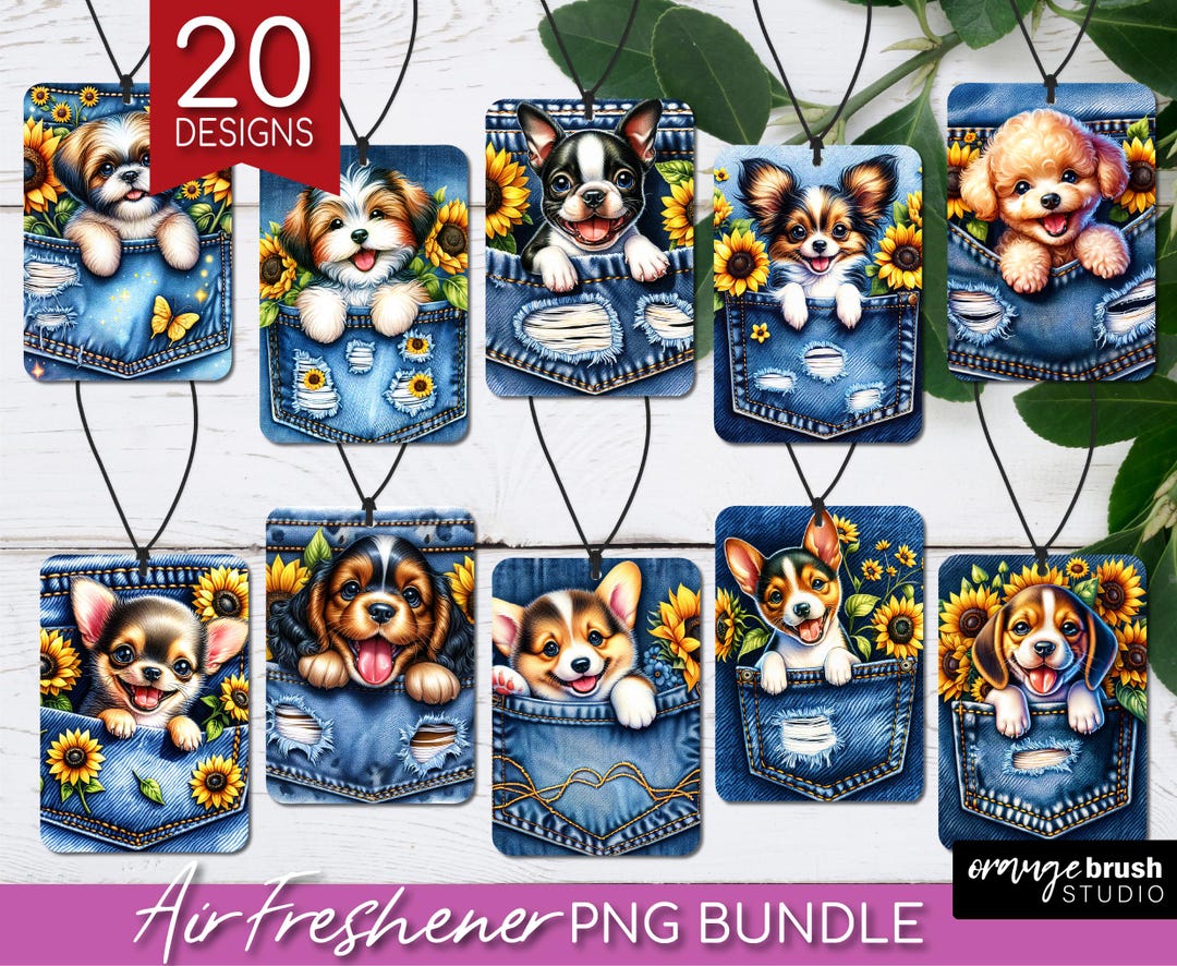 Denim Dog Air Freshener Sublimation Bundle. Dog In Pocket 20 Car Freshener PNG Bundle, Dogs And Sunflowers PNG For Crafts - Digital Download by OrangeBrushStudio dlvr.it/TJyYG8 Link in my Bio