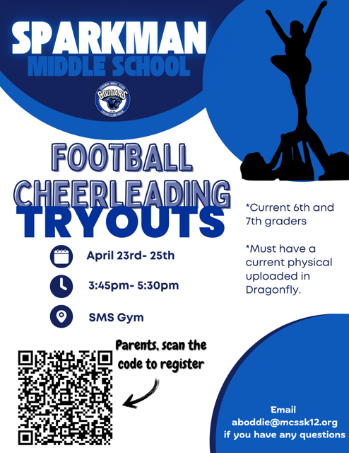 Parents of students interested in trying out for the 2025 Football Cheerleading Team, use the link below or scan the QR code to register. (Basketball cheer will have tryouts at a later date)

docs.google.com/forms/d/e/1FAI…