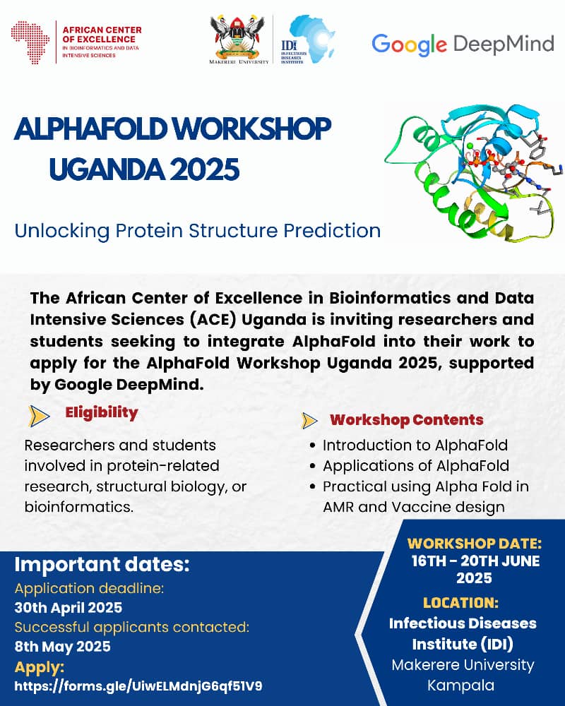 ACE Bioinformatics & Data Sciences (@aceuganda) on Twitter photo 📢Exciting Opportunity!
<a href="/AceUganda/">ACE Bioinformatics & Data Sciences</a> invites East African researchers and students seeking to integrate #AlphaFold into their work to apply for the #AlphaFoldWorkshopUganda2025, supported by <a href="/GoogleDeepMind/">Google DeepMind</a>.
Application deadline: 30th April 2025.
Apply now: forms.gle/UiwELMdnjG6qf5… 📢Exciting Opportunity!
<a href="/AceUganda/">ACE Bioinformatics & Data Sciences</a> invites East African researchers and students seeking to integrate #AlphaFold into their work to apply for the #AlphaFoldWorkshopUganda2025, supported by <a href="/GoogleDeepMind/">Google DeepMind</a>.
Application deadline: 30th April 2025.
Apply now: forms.gle/UiwELMdnjG6qf5…