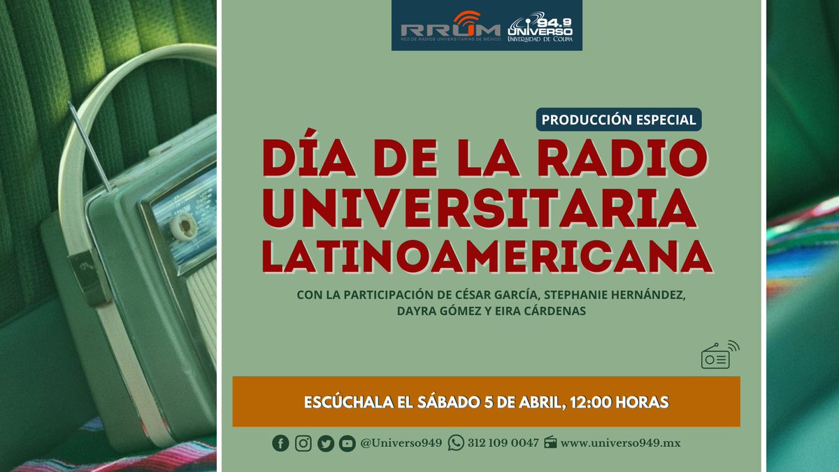 #Especial
Celebramos el Día de la Radio Universitaria Latinoamericana en #Universo949, con una muestra representativa de cientos de colaboradores que transitan por estas cabinas diariamente.

Sintonízanos este sábado 5 de abril a las 12:00 horas ➡️ universo949.mx