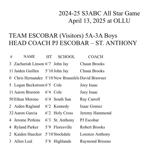 Steve Sylestine (@stevesylestine) on Twitter photo 2025 S3ABC Team Escobar roster Boys๐5A-2A All Star Game. Sun April 13, 4 PM at OLLU. Gonna be a fun game! Admission $5/$10 at gate. โฆ<a href="/SAJayBoysBball/">San Antonio Jay Boys Basketball๐Mu-Tang</a>โฉ โฆ@SouthSanHoopsโฉ โฆ<a href="/Unicorn_Hoops/">NBHS Unicorn Basketball</a>โฉ โฆ<a href="/S3AHoopsCoaches/">San Antonio Area Association of Basketball Coaches</a>โฉ โฆโฆ<a href="/RGC_BBasketball/">@RGC_BBasketball</a>โฉ 2025 S3ABC Team Escobar roster Boys๐5A-2A All Star Game. Sun April 13, 4 PM at OLLU. Gonna be a fun game! Admission $5/$10 at gate. โฆ<a href="/SAJayBoysBball/">San Antonio Jay Boys Basketball๐Mu-Tang</a>โฉ โฆ@SouthSanHoopsโฉ โฆ<a href="/Unicorn_Hoops/">NBHS Unicorn Basketball</a>โฉ โฆ<a href="/S3AHoopsCoaches/">San Antonio Area Association of Basketball Coaches</a>โฉ โฆโฆ<a href="/RGC_BBasketball/">@RGC_BBasketball</a>โฉ