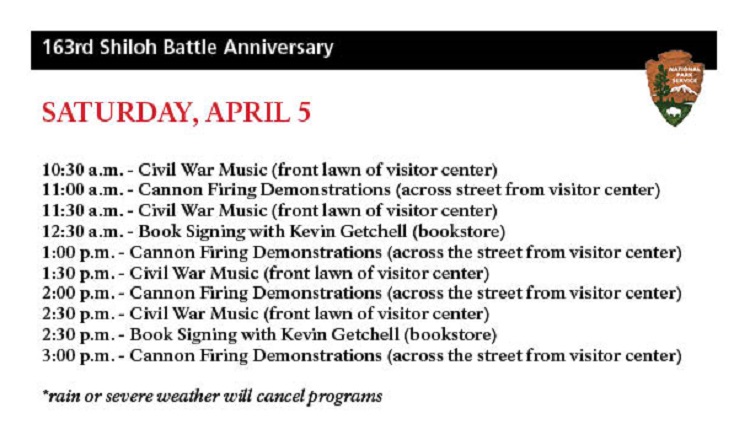Shiloh NMP (@shilohnps) on Twitter photo We are still planning on hosting 163rd Battle Anniversary events tomorrow. Here is the schedule. Rain or severe weather will cancel programs. #FindYourPark <a href="/southeasttouris/">Southeast Tourism</a> <a href="/hardincountytn/">Tour Hardin County</a> <a href="/meetmcnairy/">McNairy Tourism</a> <a href="/visitcorinth/">Visit Corinth</a> <a href="/SwTenn/">VisitSWTenn</a> We are still planning on hosting 163rd Battle Anniversary events tomorrow. Here is the schedule. Rain or severe weather will cancel programs. #FindYourPark <a href="/southeasttouris/">Southeast Tourism</a> <a href="/hardincountytn/">Tour Hardin County</a> <a href="/meetmcnairy/">McNairy Tourism</a> <a href="/visitcorinth/">Visit Corinth</a> <a href="/SwTenn/">VisitSWTenn</a>