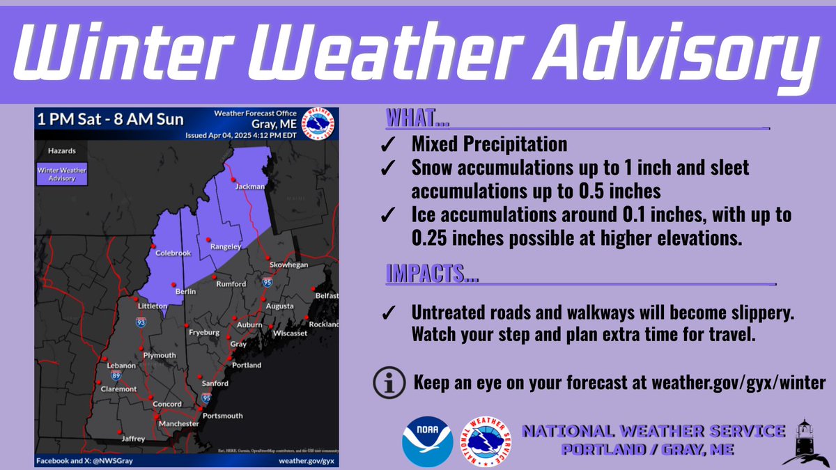 NWSGray's tweet photo. A Winter Weather Advisory has been issued for our northern tier of zones. Mixed precip will move in Saturday afternoon while surface temperatures are still below freezing. Light icing will make for slippery travel through Saturday PM.  The icing threat ends Sun AM. #MEwx #NHwx https://t.co/qR9cBJvPaj