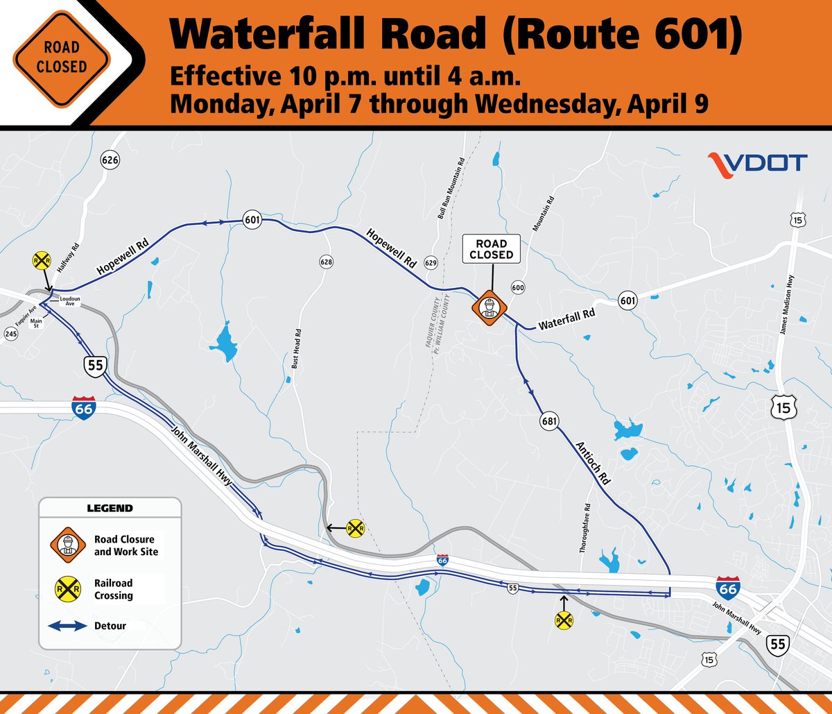VDOT Northern VA (@vadotnova) on Twitter photo 🚧 Traffic Alert - #Haymarket/#ThePlains: On Mon night 4/7, Tue night 4/8 and Wed night 4/9, 10 pm-4 am each night, Waterfall Rd/Hopewell Rd will be closed to thru traffic from Antioch Rd to Loudoun Ave for pipe replacement. #VaTraffic
<a href="/VaDOTCULP/">VDOT Culpeper</a>
More: bit.ly/44isfSa 🚧 Traffic Alert - #Haymarket/#ThePlains: On Mon night 4/7, Tue night 4/8 and Wed night 4/9, 10 pm-4 am each night, Waterfall Rd/Hopewell Rd will be closed to thru traffic from Antioch Rd to Loudoun Ave for pipe replacement. #VaTraffic
<a href="/VaDOTCULP/">VDOT Culpeper</a>
More: bit.ly/44isfSa