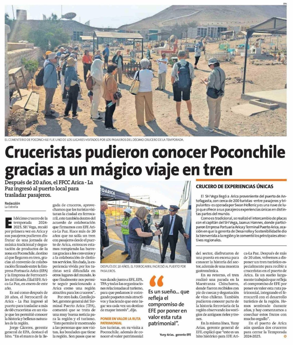 ¡Después de más de 20 años volvimos con un tren turístico especialmente dispuesto para recibir a cruceristas en el puerto de Arica, que llegaron hasta Poconchile 🚄!

Conoce más detalles en el artículo.-