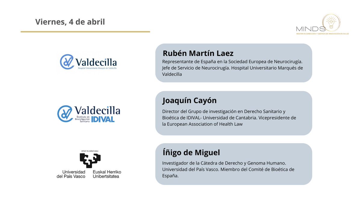 MINDS_Master (@minds_master_) on Twitter photo Hoy en MINDS
🗣️Rubén Martín, <a href="/JoaquinCayon/">Joaquin Cayon</a> e <a href="/idemiguelb/">Íñigo de Miguel</a> , debaten sobre las neurotecnologías desde la perspectiva de la neurocirugía, el bioderecho y la bioética
💭Reflexión de enorme relevancia tanto por el potencial de estas tecnologías como por los dilemas que su uso genera Hoy en MINDS
🗣️Rubén Martín, <a href="/JoaquinCayon/">Joaquin Cayon</a> e <a href="/idemiguelb/">Íñigo de Miguel</a> , debaten sobre las neurotecnologías desde la perspectiva de la neurocirugía, el bioderecho y la bioética
💭Reflexión de enorme relevancia tanto por el potencial de estas tecnologías como por los dilemas que su uso genera